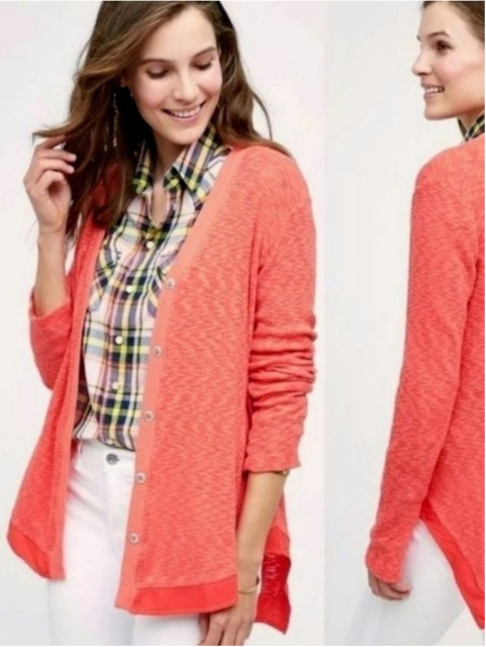 Anthropologie M Evie Button Up Marbled Coral V Neck Cardigan Left of Center